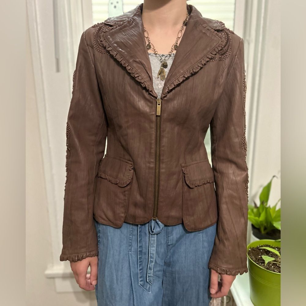 Vintage Brown Leather Jacket Beaded Embroidered Ruffles Y2K Blanc Noir Sz Large